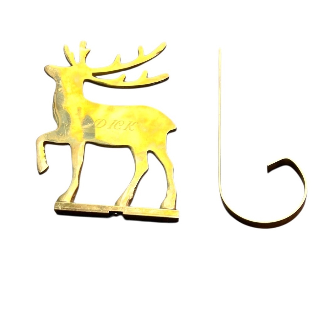 Solid Brass Long Arm Reindeer Mantle Shelf Christmas Stocking Hanger "DICK"